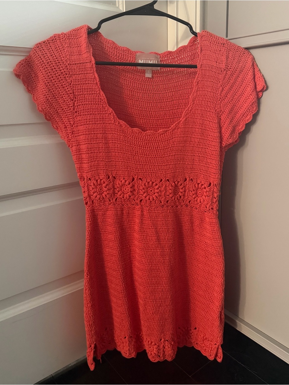 Show me your Mumu Coral Crochet Knit Scoop Neck Mini Dress